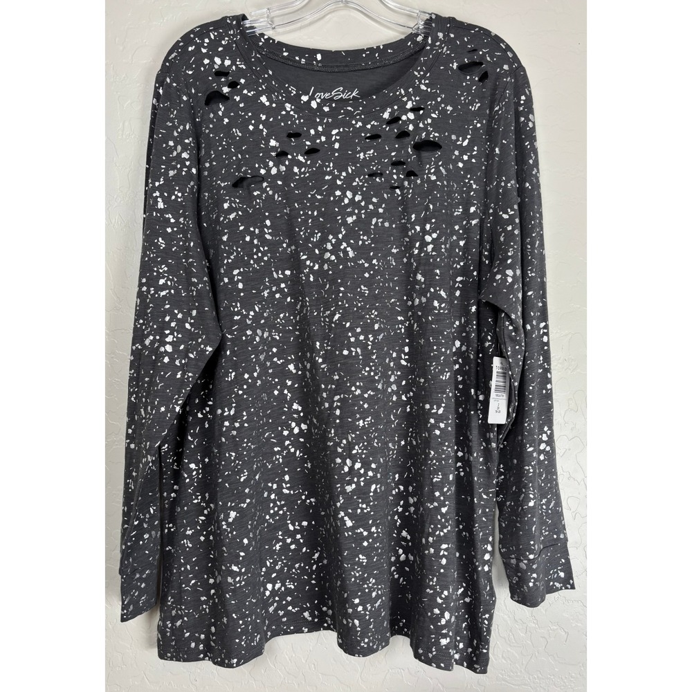 New Torrid LoveSick‎ 2X Grey Silver Foil Distressed Slub Long Sleeve Tee 2110